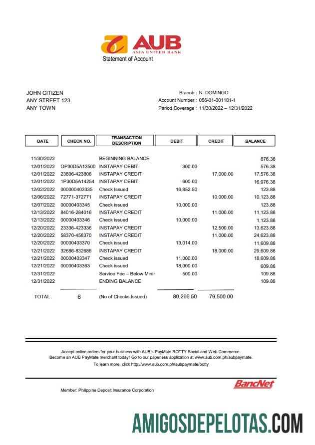 Philippines AUB Bank Xls examplo